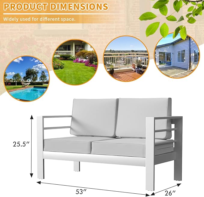 Aluminum Patio Furniture Set, Loveseat Outdoor Set with 5 Inch Cushions, Patio Loveseat Sets with Waterproof Covers for Backyard Garden(White)