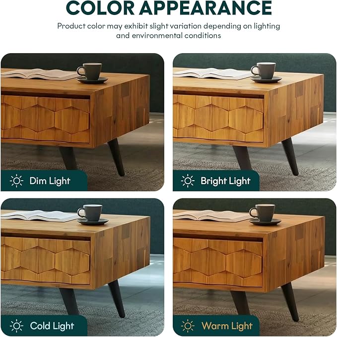 Bme Georgina Solid Wood Coffee Table, 2 Drawers & Open Shelves, Mid Century Modern Center Table, 110 cm, Teak Brown, Pre-Assembled