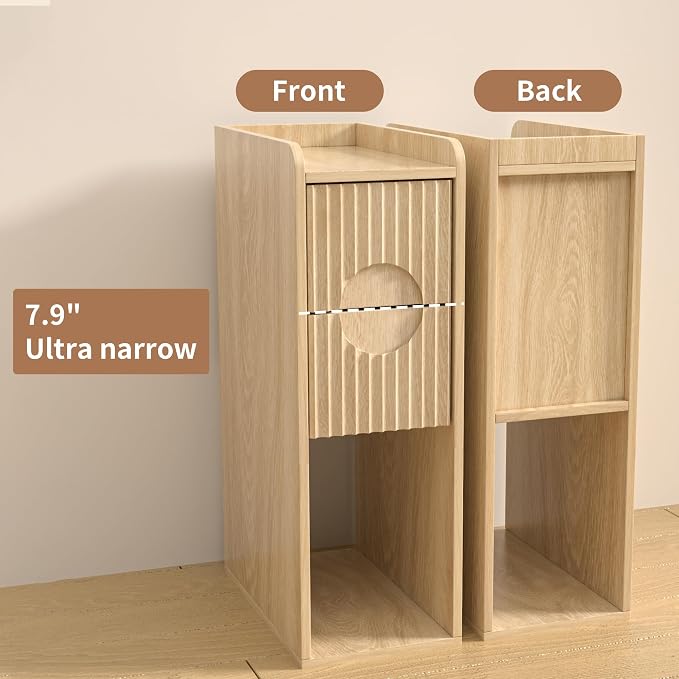 Small Fluted Nightstand Set of 2, Wood 2 Drawer Narrow Nightstand, Slim Side Table, Modern Boho End Bedside Table, Natural Wood Night Stand with Drawers for Bedroom, Living Room, Natural - Image 8