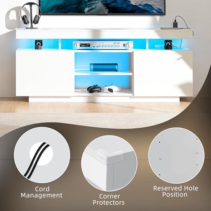 HOMMPA Modern LED TV Stand for 65/60/55 inch TV with Power Outlets, Gaming Console Storage Entertainment Center with LED Lights Game Cabinet for Living Room White - Image 10