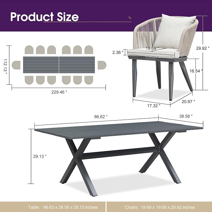 PURPLE LEAF 16 Pieces Patio Dining Set Wicker Outdoor Furniture Rectangular Table and Chairs Set for Garden Deck Aluminum Frame Backyard Kitchen Set, Cushions and Pillows Included Taupe - Image 8