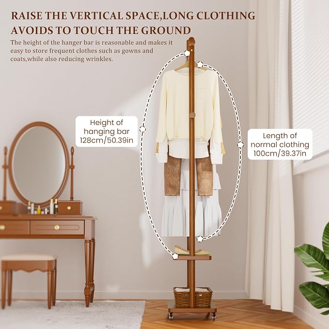 Taitiy Coat Rack Freestanding Clothing Rack with Wheels & 2 Shelves Storage & 5 Hooks Heavy Duty Clothes Rack Wood Coat Tree Stand Hat Hanger Rack for Corner Bedroom Entryway Living Room Hotel Size L - Image 8
