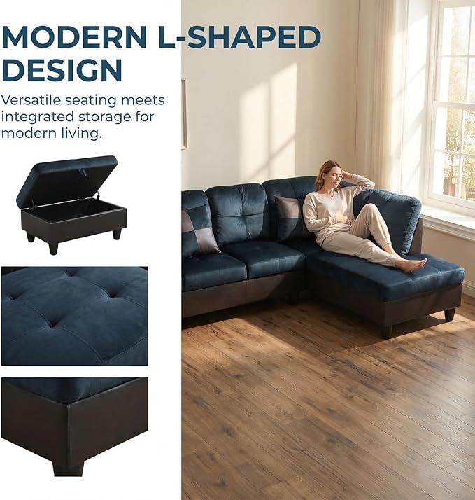 L-Shape Sofa with Storage Ottoman, Lint Sectional Couch with Left Chaise, Modern 3-Piece Sofa Set for Living Room, Upholstered Couch Set with Solid Wood Frame for Apartment, Dark Blue Brown