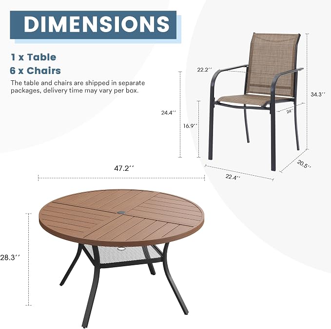 DIFY 7 Pieces Outdoor Patio Dining Set for 6, 47.2" Walnut Round Metal Dining Table and 6 Brown Stackable Sling Dining Chairs, Outdoor Table and Chairs for Lawn Garden Backyard Deck - Image 8