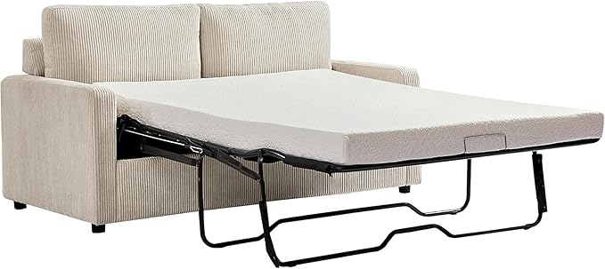 Reversible Sleeper Sofa Bed with Comfortable Memory Foam Mattress, Convertible Corduroy Full Size Pull Out Couch for Living Room, Space Saving Furniture, 70" Wide, Rectangular Arms, Ivory