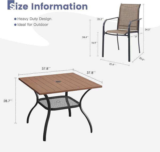 VICLLAX Outdoor Dining Set for 4, Patio Furniture Set of 4 Patio Stackable Dining Chairs and Outdoor Metal Square Table with Umbrella Hole for Backyard Lawn Garden, Brown Chairs and Walnut Table - Image 7
