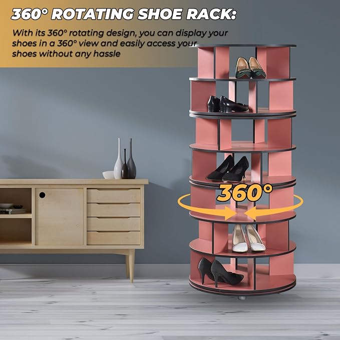Kings Brand Furniture - 7-Tier Rotating Shoe Rack, 360° Revolving Lazy Susan Spinning Shoe Rack Tower Storage Organizer for Closet Entryway Bedroom Hallway, Red - Image 7