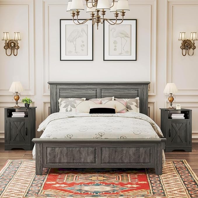 RoyalCraft Farmhouse Nightstand Set of 2, End Table with LED Lights and Charging Station, Tall Bedside Table with Large Storage and Shelf, Wooden Side Table for Bedroom, Home Office, Dark Grey - Image 8