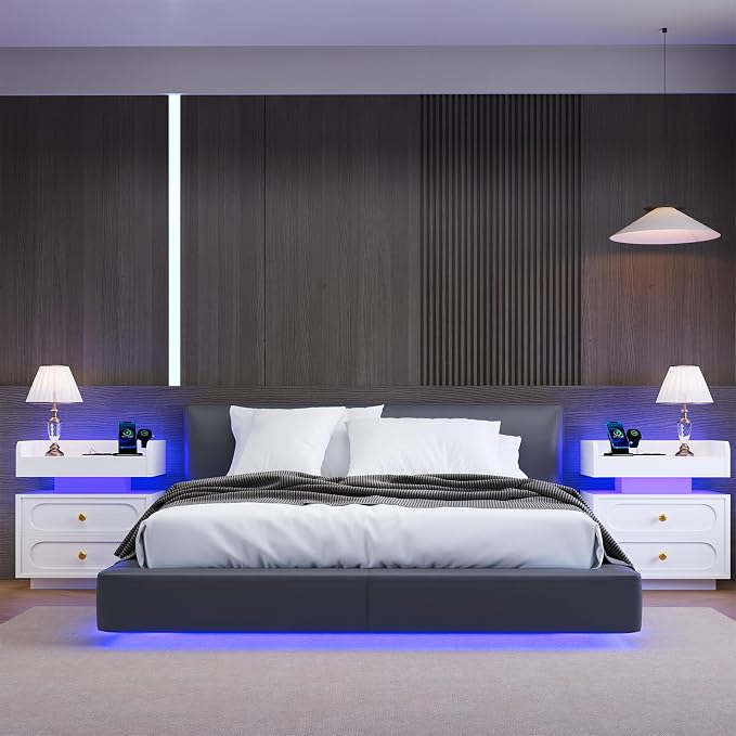 4ever2buy White Nightstand with Adjustable LED Lights and Charging Station Modern Bedside Table with 2 Drawers End Table for Bedroom - Image 8