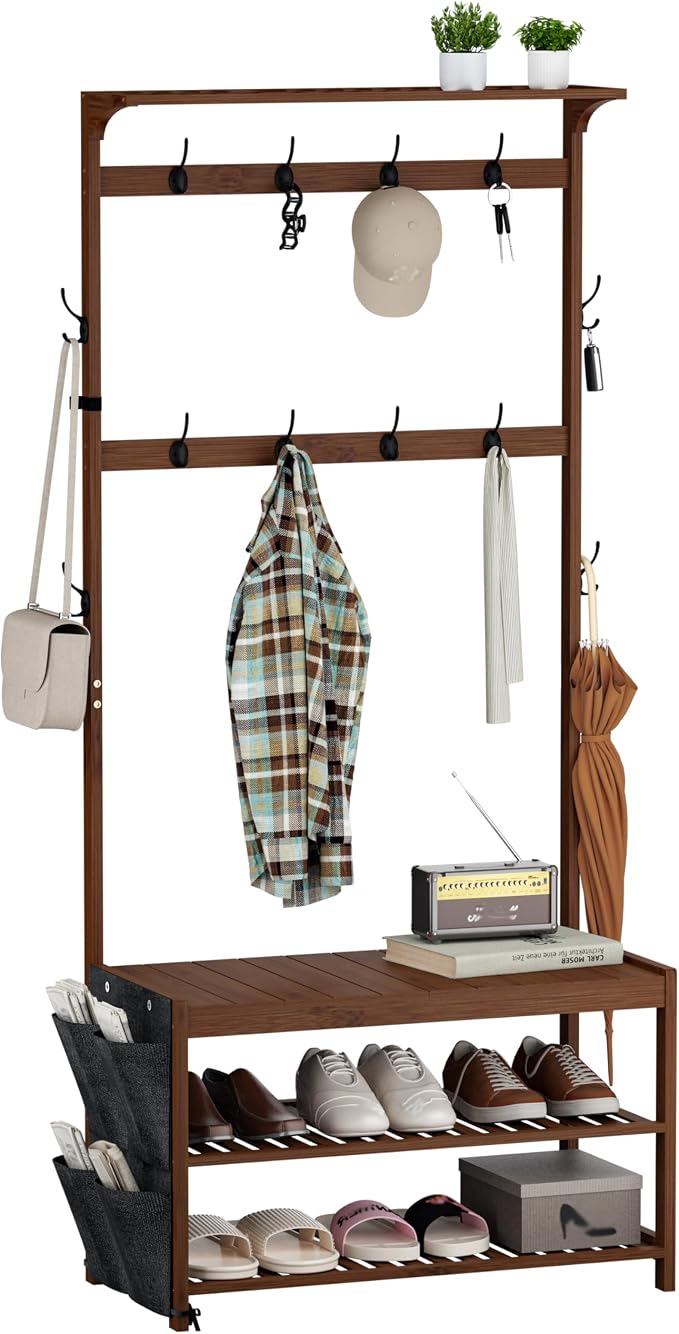 AMBIRD Hall Tree with bench and shoe storage, Entryway Bench with shoe storage, 6-in-1 Coat Rack with Cloth Bag and 12 Coat Hooks, Sturdy Bamboo Frame, Brown 31 * 15 * 70 Inches - Image 7