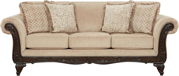 Hernen Carved Wood Frame Sofa, Beige Wheat