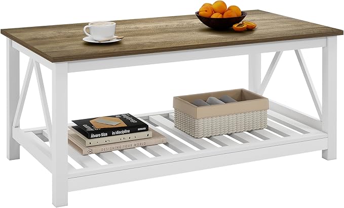 Farmhouse Coffee Table for Living Room, 2-Tier Rectangular Wooden Centre Cocktail Table with Slats Shelf Storage and V-Shaped Frame (Walnut Top)