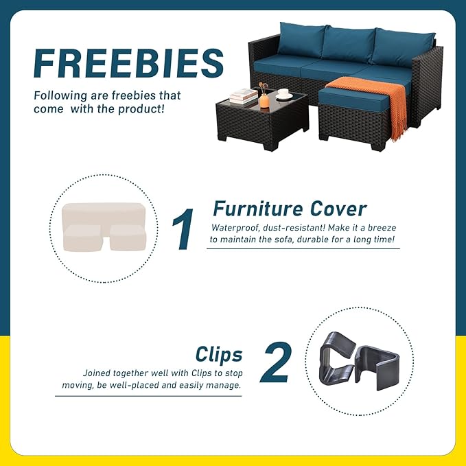 3 Pieces Patio Furniture Set Outdoor Sectional Wicker Patio Furniture Patio Couch with Ottoman and Outdoor Glass Table Weathering Anti-Slip Cushions Waterproof Covers, Peacock Blue