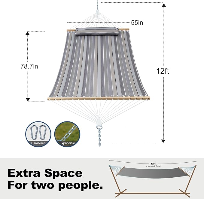 GAFETE Hammock 2 Person Quilted Fabric Hammocks for Outside, Double 12ft Hammocks with Spreader Bar, Large Removable Pillow, Storage Bag, Carabiners, Max 475 lbs Capacity (Peace Dove Grey) - Image 7