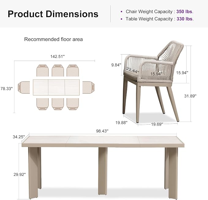PURPLE LEAF 9 Pieces Patio Dining Set Aluminum Modern Rectangular Table and Rattan Arm Chairs with Cushions for Kitchen Porch Garden Outdoor Furniture Sets, Champagne - Image 9