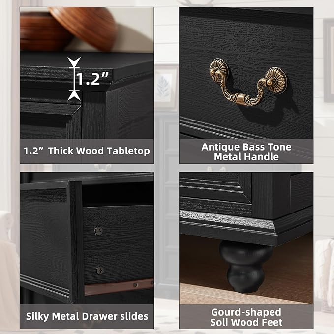 Joaxswe 24" Wide Farmhouse Nightstand Set of 2, 45" Tall Rustic Chests of 5 Drawers w/ 4 Solid Wood Feet, Farmhouse Furniture Series for Living Room,Bedroom,Black