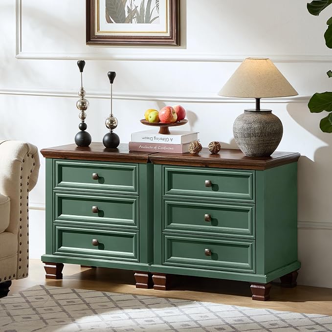 SAVOR LIFE Farmhouse Nightstand with 3 Drawers, Rustic Couch End Table with 4 Square Solid Wood Legs, Mid-Century Vintage Bed Side Table with Storage, Small Dresser for Bedroom, Living Room, Green - Image 7