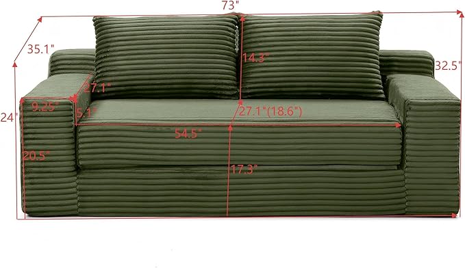 73" Convertible Sofa Bed, 2 in 1 Corduroy Folding Couch with Pillows, No Assembly Boneless Compression Sofa in Box, Loveseat with Side Storage Pocket for Apartment, Living Room, Green
