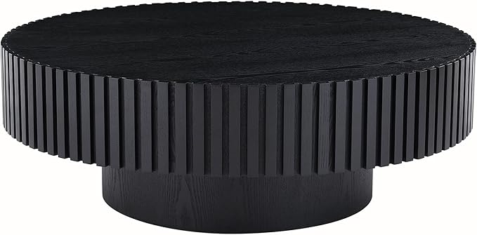 Round Coffee Table, 39.37" Coffee Table, Wood Coffee Table for Living Room, Handcrafted Relief Carving, Easy Assembly, Black