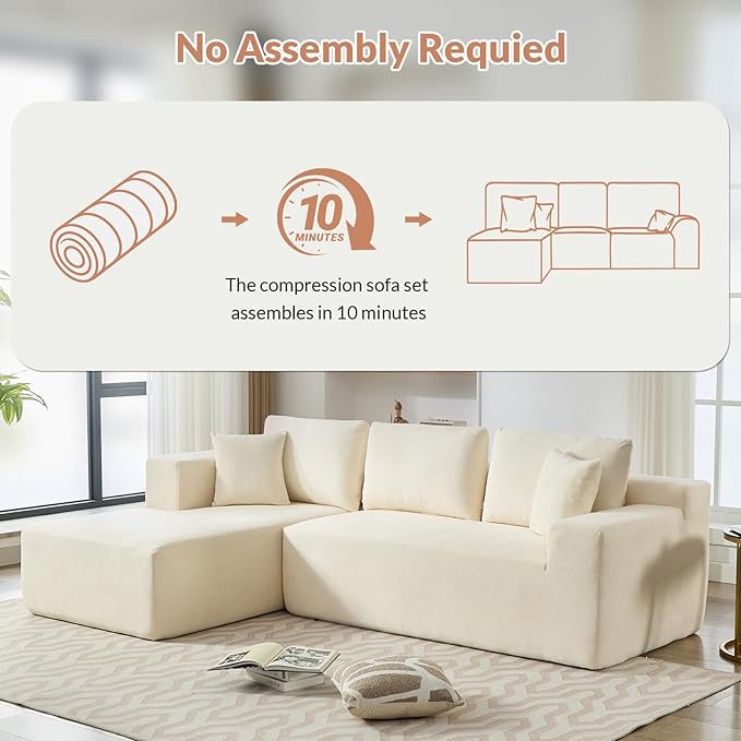 Rovibek Modular No Assembly Compression Sofa with 5 Pillows, L Shape Sectional Couch Deep Seat Couches with Chaise for Living Room, White