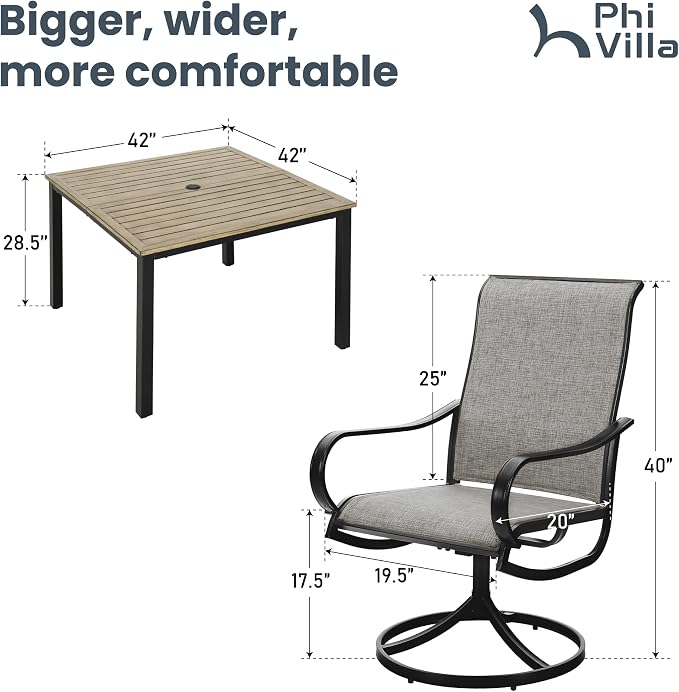 PHI VILLA 5 PCS Patio Dining Set, 4 Patio Swivel Dining Chairs & Square Brown Metal Slat Table Top with 1.57" Umbrella Hole, Outdoor Table and Chairs for All Weahter - Image 7