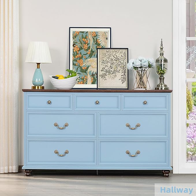 Joaxswe Farmhouse 54" 7 Drawers Dresser for Bedroom, Wide Wood Chest of Drawers w/ 4 Wooden Legs, Vintage Large Storage Dressers Organizer for Hallway, Rustic TV Stand for Living Room, Light Blue - Image 7
