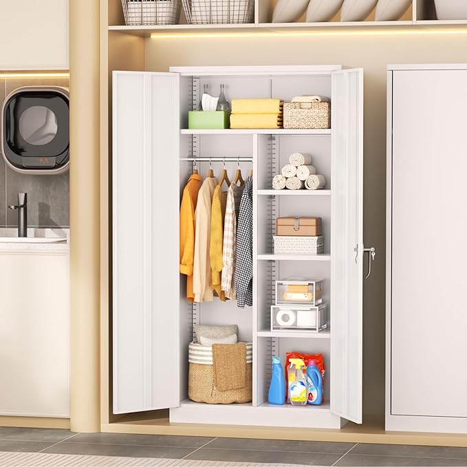 INTERGREAT 72”Tall Metal Wardrobe Cabinets with Lock,Clothing Storage Cabinets with Hanging Rod and 4 Adjustable Shelves,Closet for Home Living/Laundry Room/Department (White)