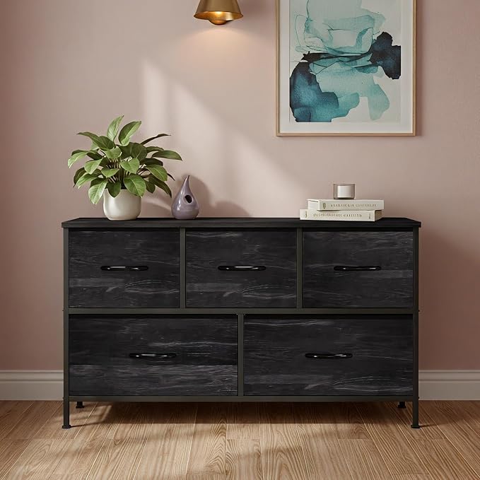 OLIXIS Dresser for Bedroom with 5 Drawers, Wide Chest of Drawers, Fabric Bedroom Dresser with Drawer Organizer, Storage Organizer Unit with Fabric Bins for Closet, Living Room, Hallway, Black Wood - Image 8