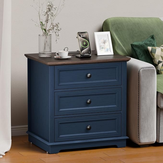 Nightstand with Charging Station, 24” Wide End Table with 3 Drawers, Modern Bedside Table with Storage, Wood Small Dresser for Bedroom Room (Blue) - Image 6