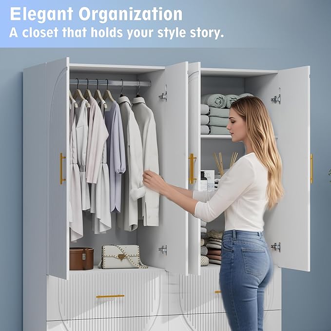 Wooden Armoire Wardrobe Closet:Large Wardrobe Closet with 2 Doors, 2 Drawers for Tall Cabinet, Wardrobe Cabinet for Bedroom with Hanging Rods, Golden Handle, White