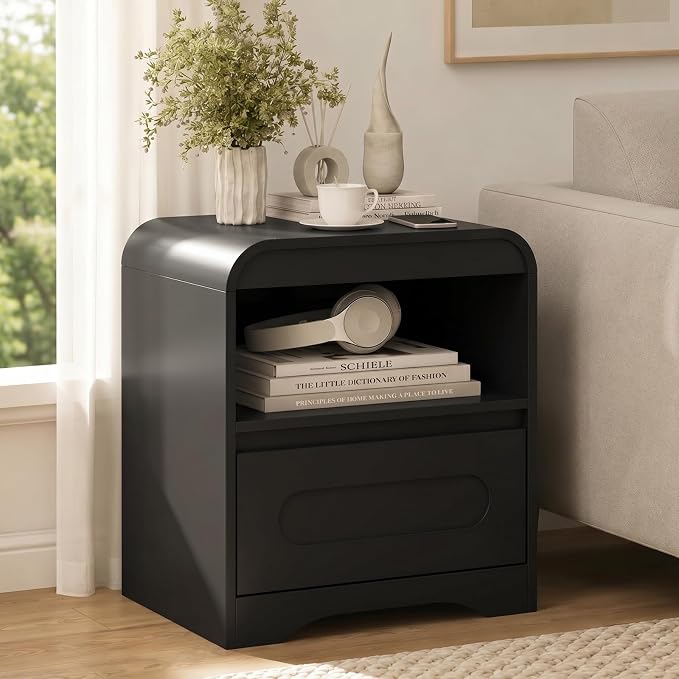 Night Stand with Drawers, Wood Nightstand, Bedside Side Table with Open Storage, Curved Corners, Hidden Handle, Modern Night Stands End Table for Bedroom Sofa Couch Office (Black) - Image 8