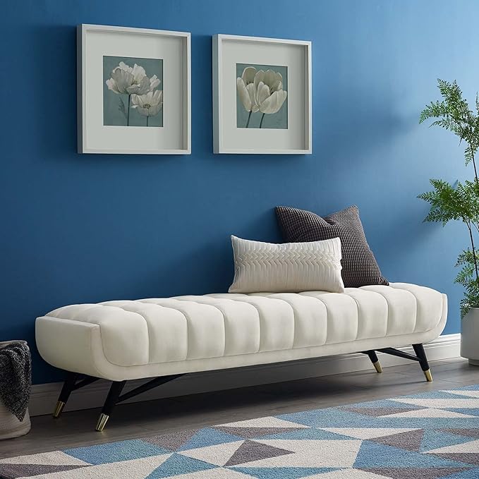 Modway Adept Mid-Century Modern Velvet Upholstered Tufted Accent Bench in Ivory