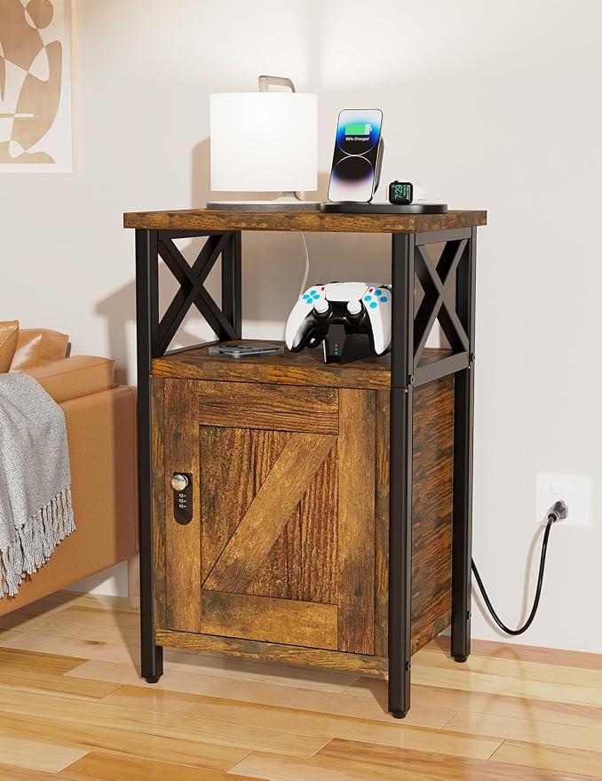 runjuly Wooden Nightstand with Lock, Bedside Table with Drawer, Bed Side Table with Charging Station, 3 USB & 2 Outlets, Night Stand with Storage Cabinet, End Table for Bedroom, Brown - Image 8