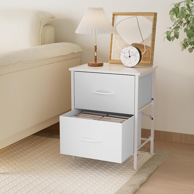 Stero Nightstand Set of 2, Kids Dresser with 2 Drawers, Steel Frame Bedside Furniture, Wood Top Fabric Night Stand, Colorful End Table for Home, Bedroom, Office, White - Image 6