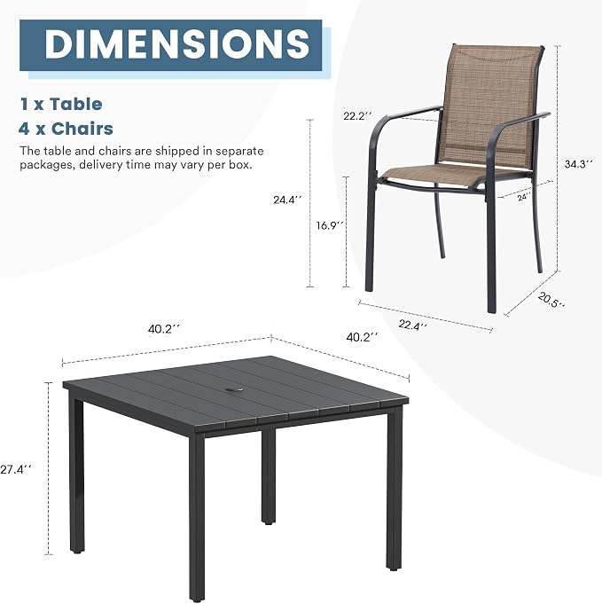 DIFY 5 Pieces Outdoor Patio Dining Set for 4, 40.2" Black Square Metal Dining Table and 4 Brown Stackable Textilene Patio Chairs, Outdoor Table and Chairs for Backyard Garden Poolside - Image 8