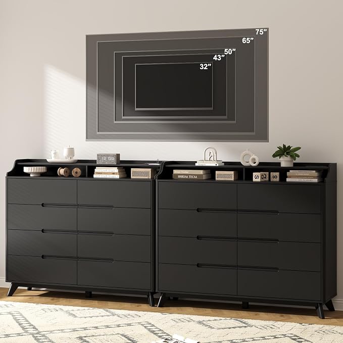 Dresser for Bedroom with 8 Drawers, 55" Large Dresser & Chest of Drawers with Charging Station, Wood Closet Clothes Storage Tall Dressers Organizer for Bedroom Living Room Hallway (Black) - Image 8