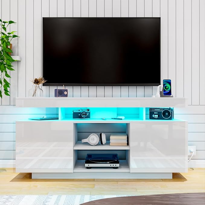 HOMMPA Modern LED TV Stand for 55/50/43/40/32 inch TV with Power Outlets, Gaming Console Storage Entertainment Center with LED Lights Game Cabinet for Living Room White - Image 10