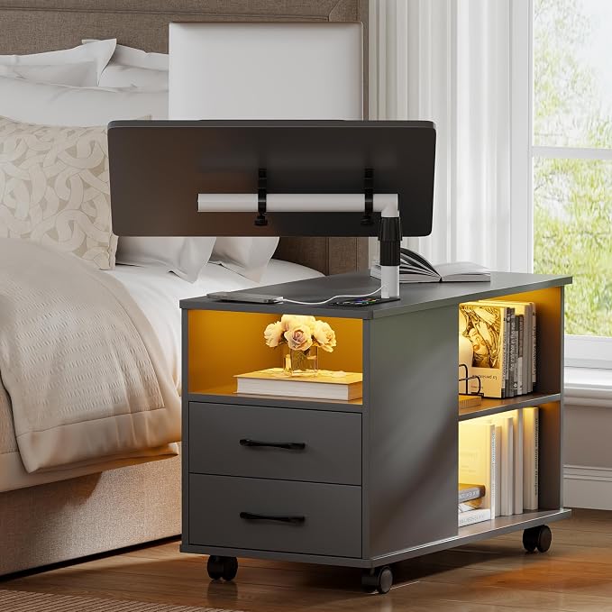 WOOVIVS Nightstand with USB Charging Station, Bedside Table with Storage Drawer, Rotatable Bracket, Modern Design (Grey) - Image 9