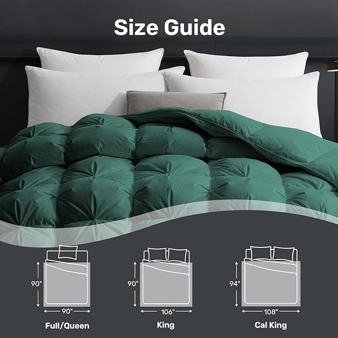 UNIKOME Goose Feather Down Comforter with Pinch Pleat Design -20% Extra Fill, 116oz, All Season Duvet Insert with Cotton Cover, Cloud-Like Fluffiness Down Fiber Comforters (Green, Cal King, 108"X94")