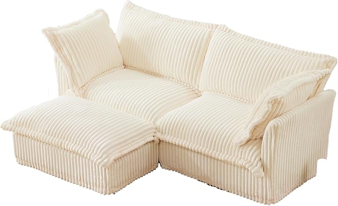 KEIKI 83" Corduroy Sectional Cloud Couch Sofa, White 3 Seat L Shaped Sleeper Sofa Set with Removable Ottoman, Comfy Deep Love Seat for Apartment Living Room, Big Pillows, Cream