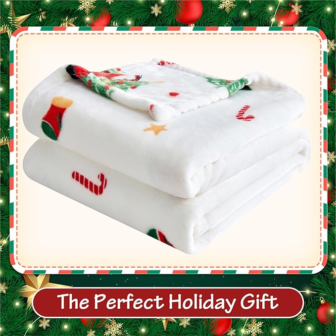 Edenleaf Christmas Blanket - White Holiday Throw with Santa Claus & Snowman - Warm Cozy Fleece Winter Blanket, 60x80 Inches,White