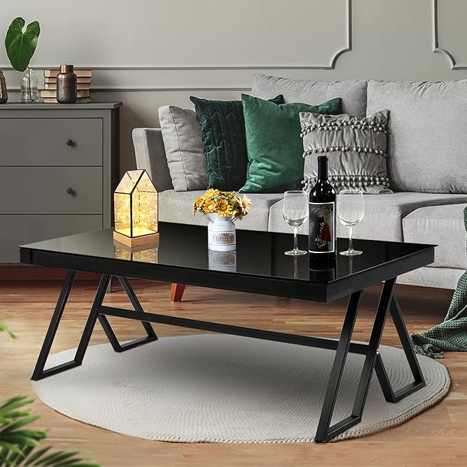 Jerry & Maggie Tempered Glass Tea Table Coffee Table Cocktail Desk Table - Modern Steel Triangular Legs Living Room Desk Decor - Anti Scratch Polished Surface Family Size Dinning Table, Black