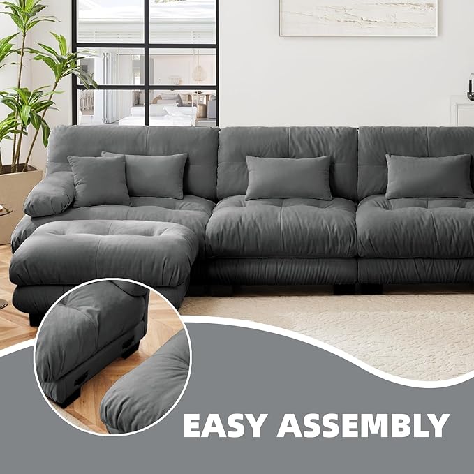 133.8" U-Shaped Cloud Couch, Oversized Modular Sectional Sofa, Deep Seat Cloud Boneless Couch, 3-Seat Modular Sectional Sofa with 2 Ottoman or Living Room,Bedroom and Apartment, Gray