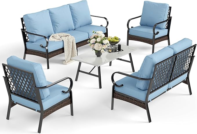 5 Piece Metal Outdoor Patio Furniture Set, Patio Conversation Sets 1 3-Seater Sofa, 2-Seater Sofa, 2 Fixed Sofa with 5.75" Thick Cushion & Coffee Table Black Backyard Furniture, Blue