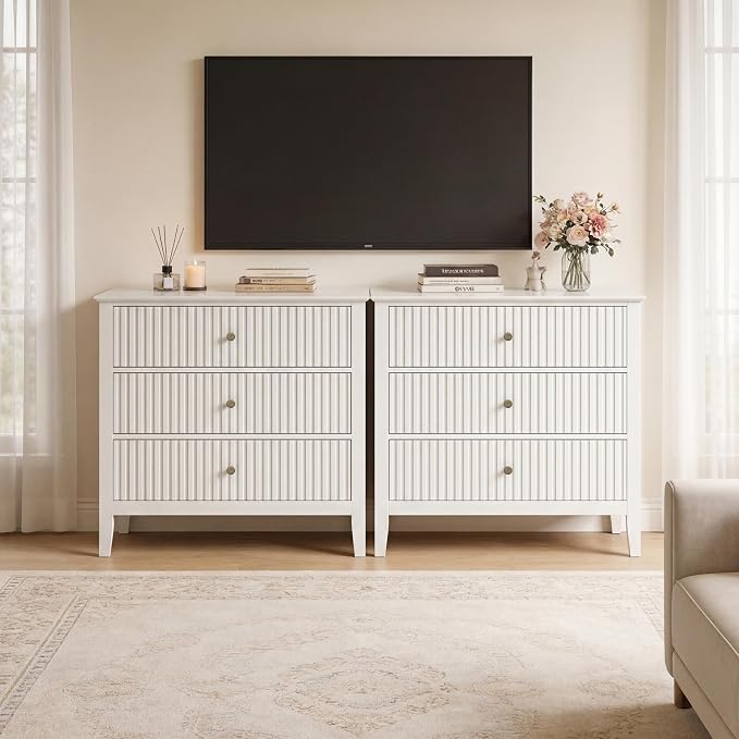 RoyalCraft Large 3 Drawer Dresser Set of 2, Fluted Wood Chest of Drawers with Storage, Modern Painted 30 inch Wide Nightstand for Bedroom Living Room Entryway, White - Image 9