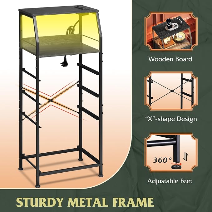 WLIVE Nightstand with Charging Station, Black Night Stand with LED Light, Tall 4 Drawer Dresser for Bedroom, 37" H Bedside Table with Fabric Storage Bins, Open Wood Shelf, Metal Frame - Image 7