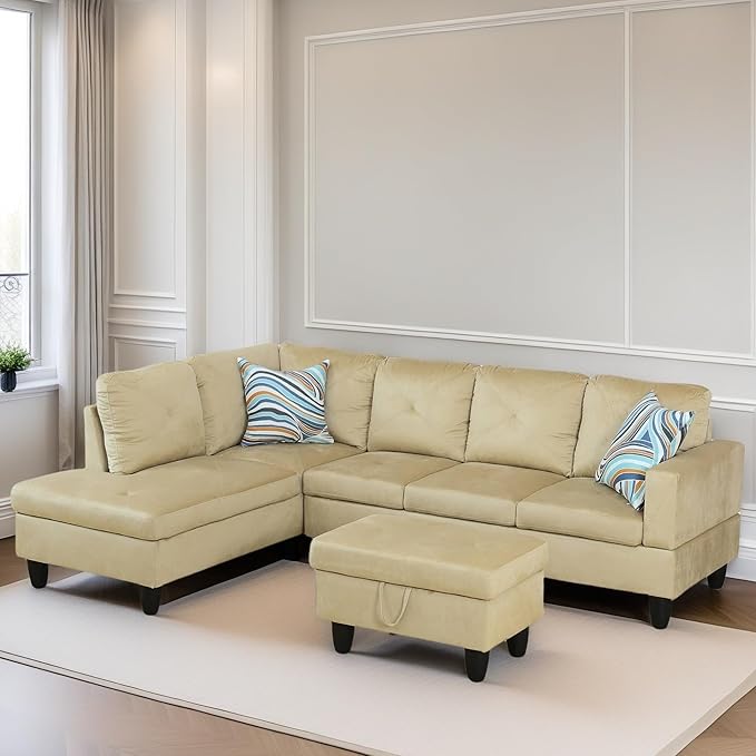 FONTOI L Shaped Sectional Couch Sofa, Modern Couches for Living Room, Comfy 4 Seat Modular Sectional Sofa with Ottoman Storage for Bedroom Apartment, Beige