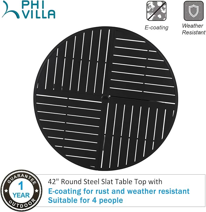 PHI VILLA Outdoor Round Dining Table for 4, 42" Large Metal Wrought Iron Table with Umbrella Hole, All Weather Dining Furniture for Patio, Deck, Yard, Porch - Black - Image 8