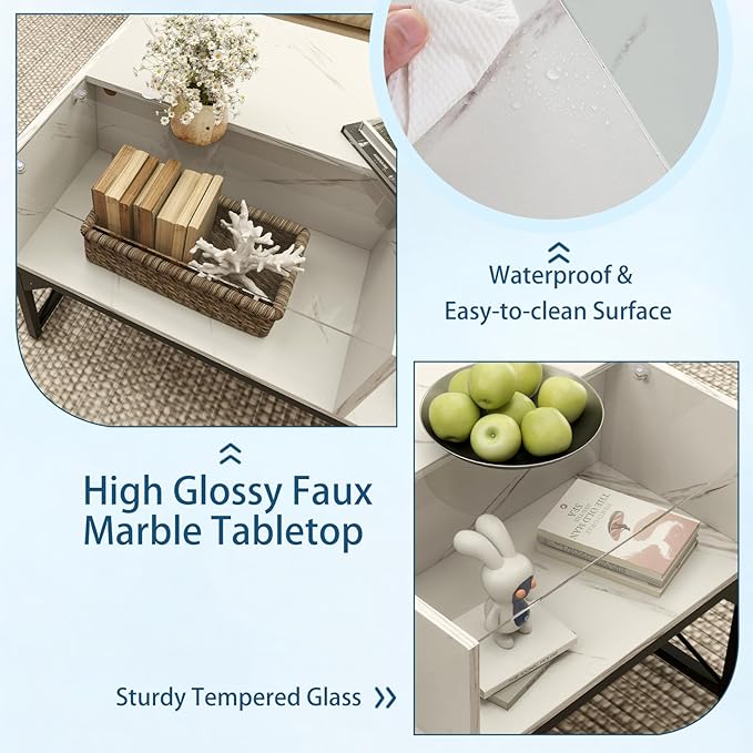 Tangkula LED Coffee Table, High Glossy Center Table with 4 Storage Cubes, Faux Marble & Tempered Glass Top, Adjustable Light Colors, Remote Control, Modern Cocktail Table for Living Room (White)