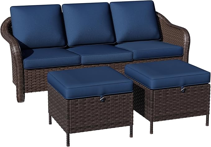 3 Piece Patio Wicker Conversation Set, All-Weather Use Outdoor Wicker Sofa with 2 PE Rattan Ottomans, Ideal for Porch, Backyard, Balcony, Poolside, Blue